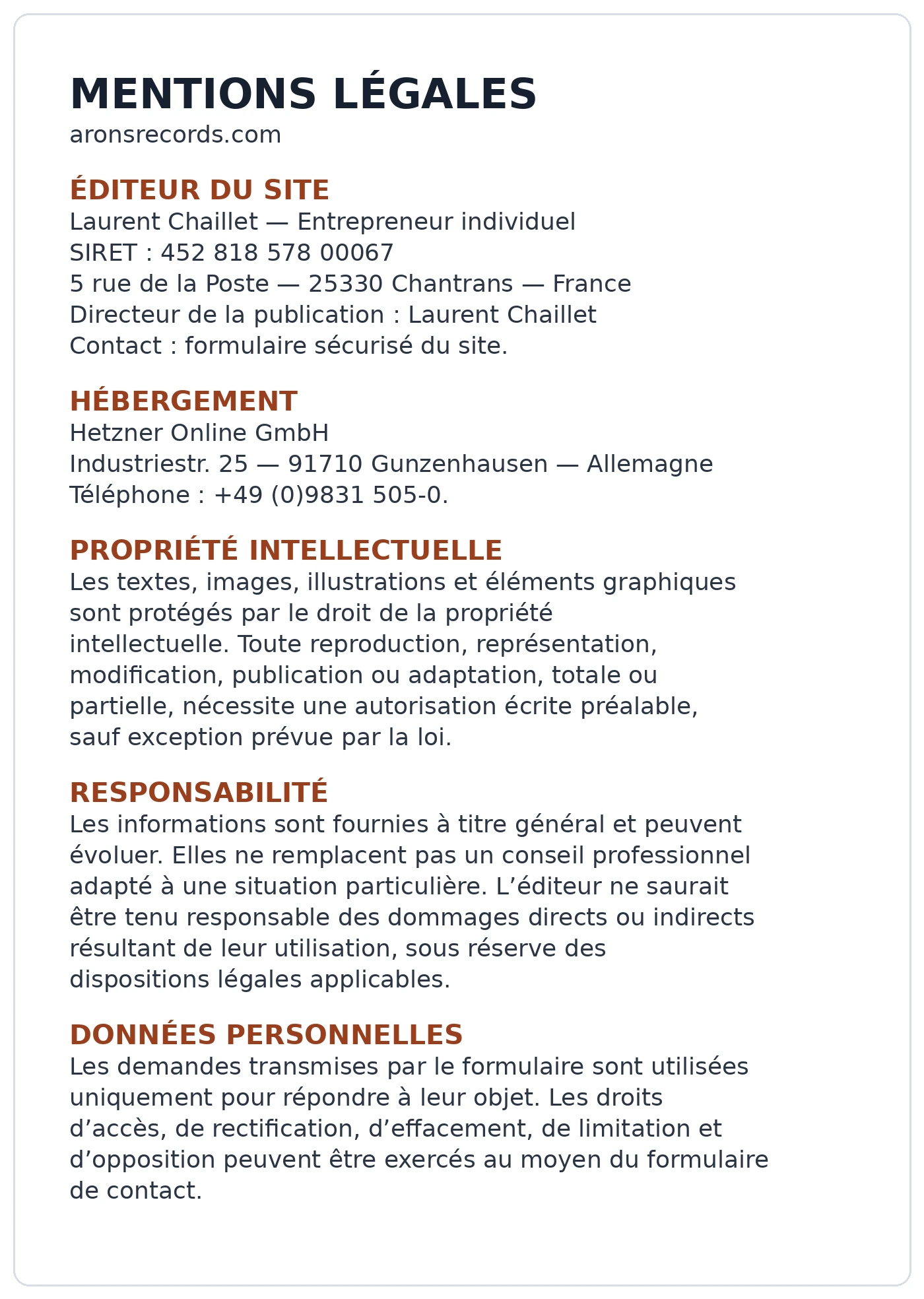Mentions légales de aronsrecords.com